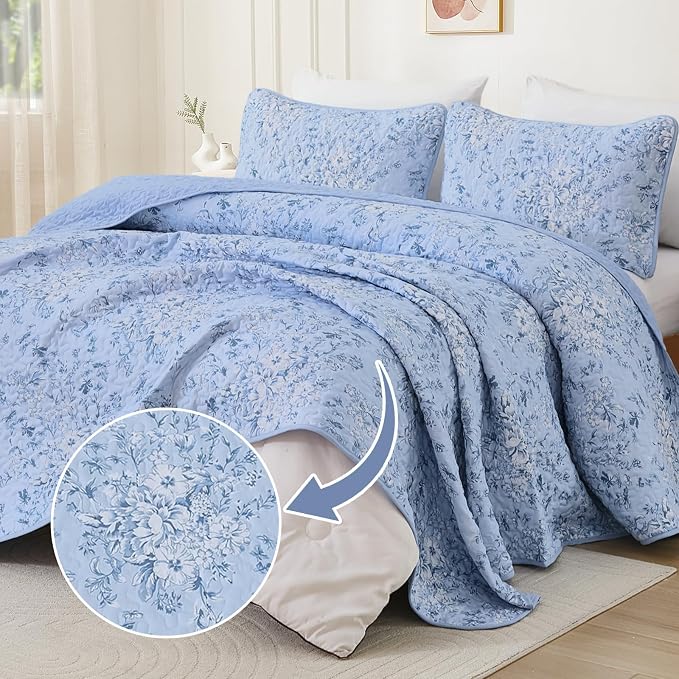 WONGS BEDDING Botanical King Quilt Bedding Set, Soft Blue Bedspread | Floral - Image 2
