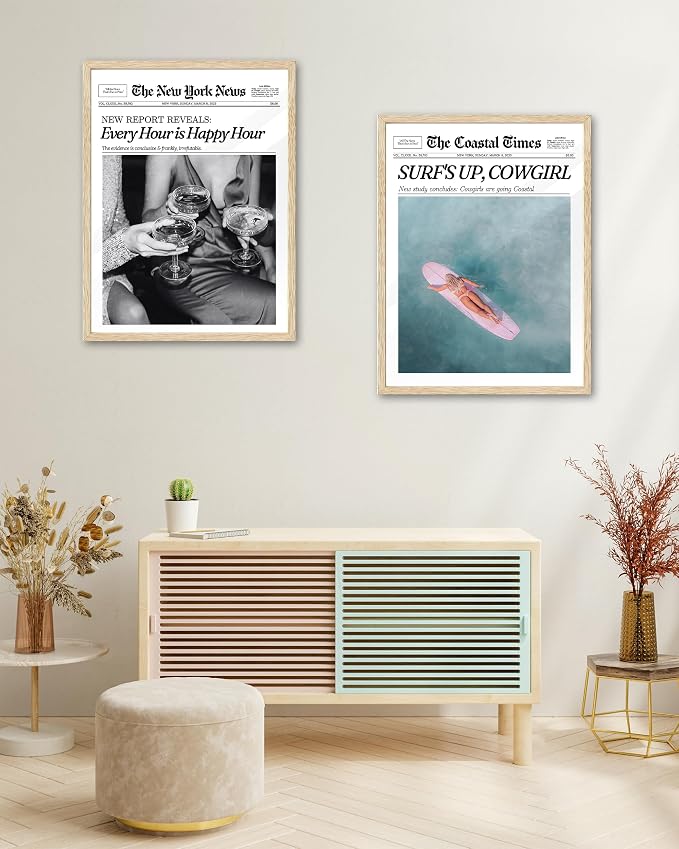 iHery Small 8x10in Surf’s Up Cowgirl Framed Newspaper Wall Art | Natural OAK - Image 7