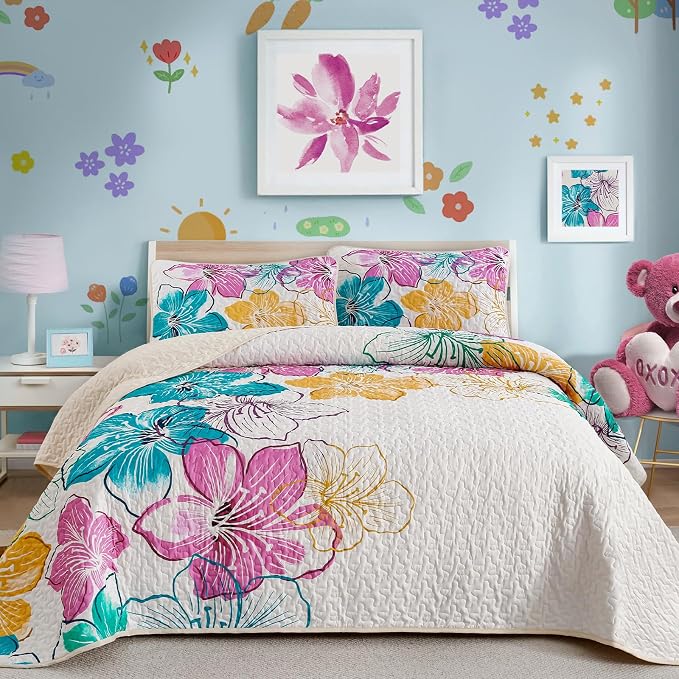 DJY Romantic Pink Teal Quilt Set Twin Size, 2 Pieces Colourful Floral Bedspread by HOME
