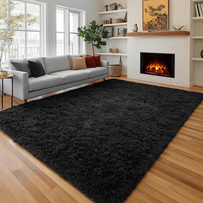 Black Fluffy Shag Area Rugs for Bedroom 5x7, Soft Fuzzy Shaggy Machine Washable - Image 4