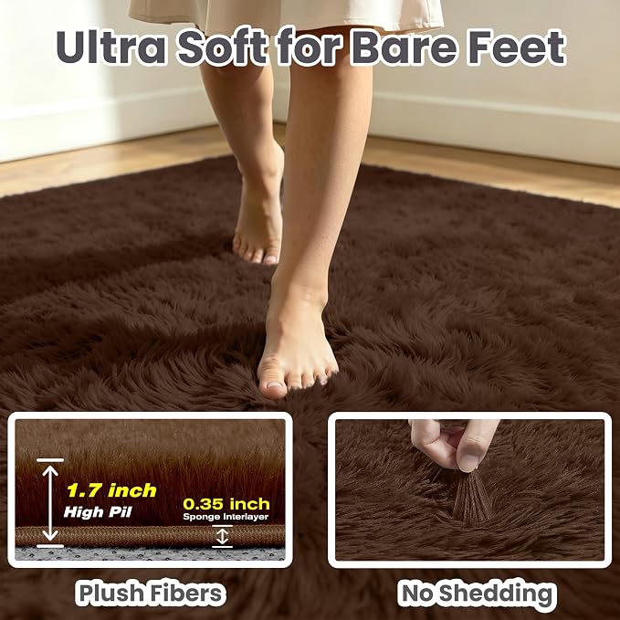 8x10 Fluffy Area Rug for Living Room: Soft Non-Slip Brown Bedroom Carpet | - Image 7