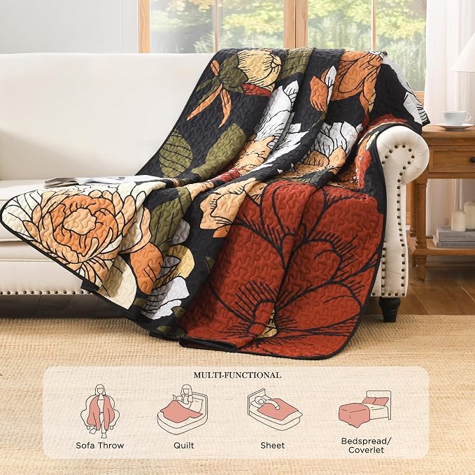Oversized King Quilt Set Black, 120x120 Floral Super King Bedspread | 3 Pieces - Image 5