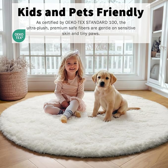 Cream White Round Rugs 8ft for Living Room, Ivory Fluffy Bedroom Circle Area Rug - Image 4