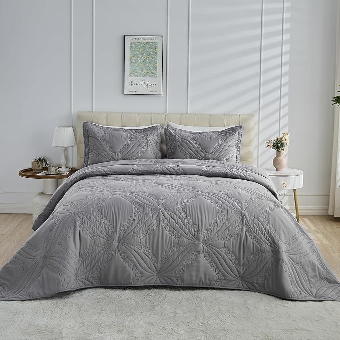 Kingnex Oversized Cal King Bedspreads 120x120 Ultrasonic Quilted Grey | - Image 2