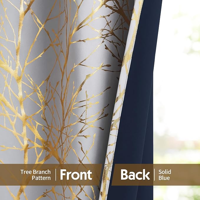 FMFUNCTEX 100% Blackout Grey Gold Foil Tree Curtains 54 Inch Long 2 Panels | - Image 6