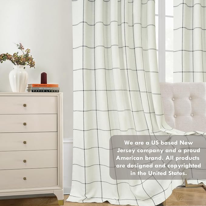DriftAway 100% Blackout Windowpane Plaid Linen Curtains 45 Inches Black | - Image 7