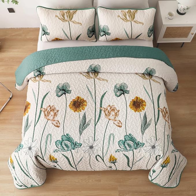 WONGS BEDDING Floral Quilt Set Queen Size, Aqua Botanical Coverlet | Farmhouse - Image 3