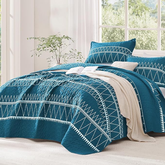 Teal Twin Quilt Set, 2 Pieces Boho Lightweight Striped Bedspread | Soft Teal by Andency