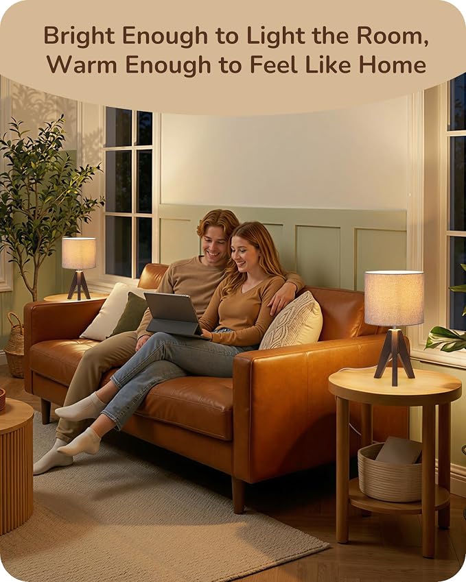 EDISHINE Boho Small Table Lamp, Wood Lamp, 14.2 Inch | Walnut Color Tripod - Image 7