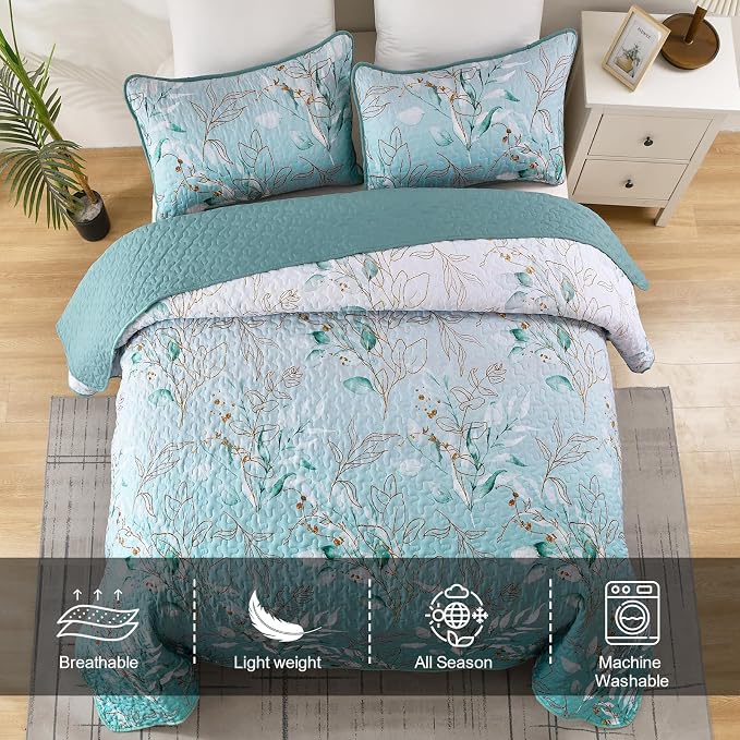 Aninbedding Floral King Quilt Set, 3 Piece Gradient Aqua Green Flower Pattern - Image 4