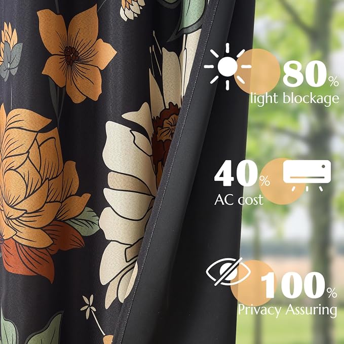 jinchan Black Boho Floral Blackout Curtains W100xL96 Grommet 1 Panel | Room - Image 4