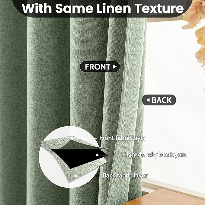 COSVIYA 100% Blackout Sage Green Linen Curtains & Drapes 84 Inch Length | Light - Image 3