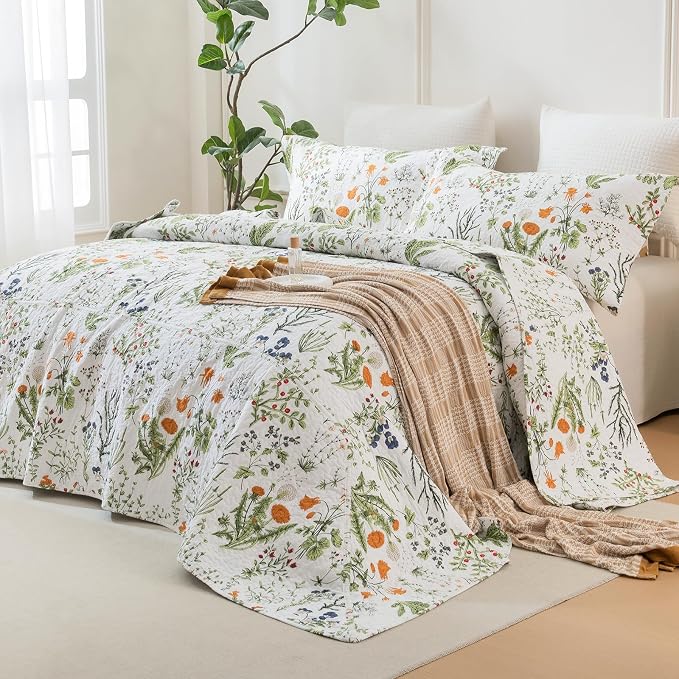 QSH 100% Cotton Floral Quilt Oversized Queen Set- 3Pcs Yellow Flowers Leaves - Image 5