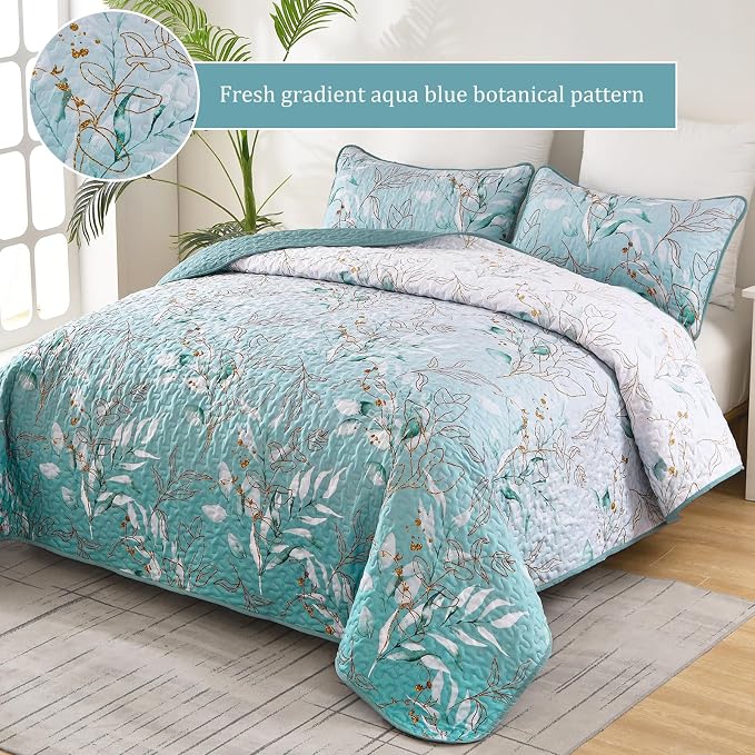 Aninbedding Floral King Quilt Set, 3 Piece Gradient Aqua Green Flower Pattern - Image 5
