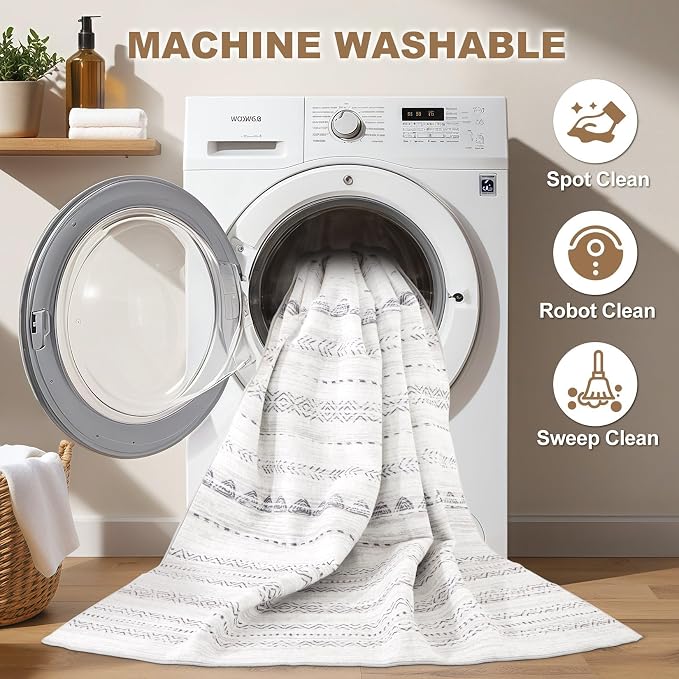 Nakagishi Boho 8x10 Area Rug Living Room Rugs Machine Washable Gray | Soft - Image 2