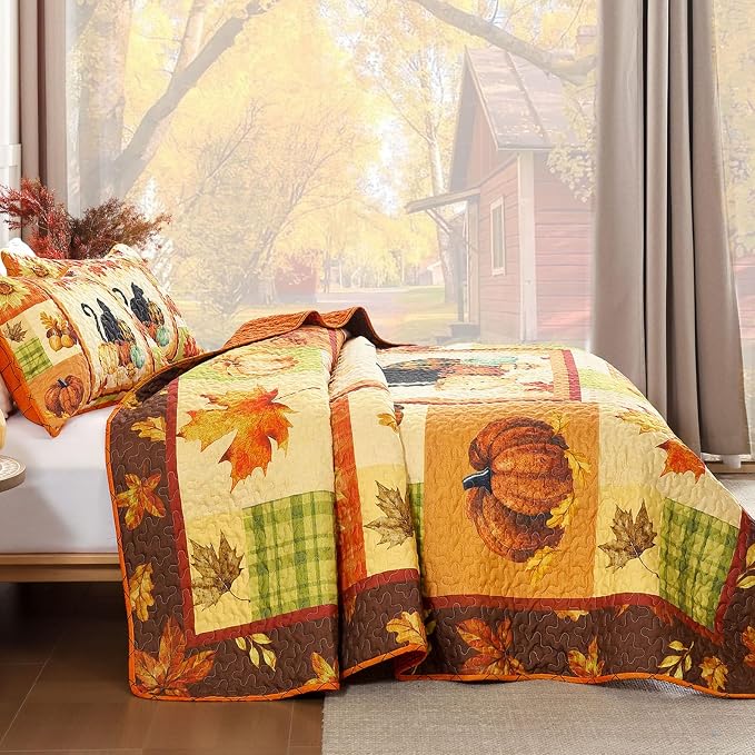 Yiran Happy Thanksgiving Harvest Fall Quilt Set Queen Size | Pumpkin Maple - Image 4