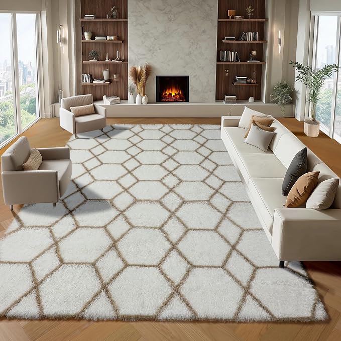 Large Area Rugs for Living Room, 7x10 White and Beige Bedroom Rug, Geometric - Image 3