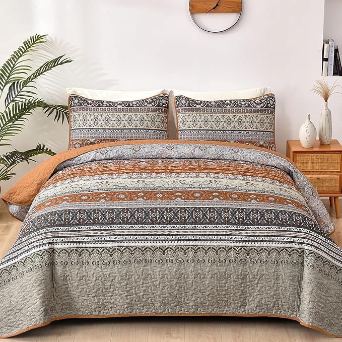 WONGS BEDDING Boho Fall Quilt Set California King, Lightweight Bed Decor by WONGSBEDDING