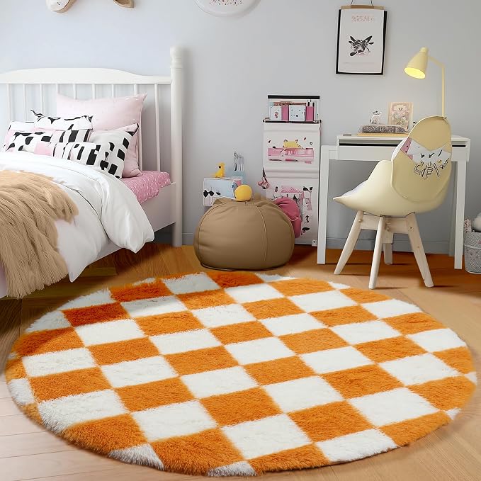 KICMOR Round Rugs 5ft Orange and Cream White Circle Area Rug, Fluffy Soft Fuzzy - Image 3