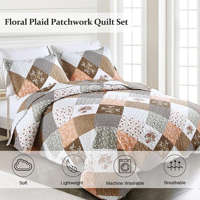 Dinjoy Patchwork Quilt Set Queen Size, Boho Floral Bedspreads, 3 Pieces | - Image 2