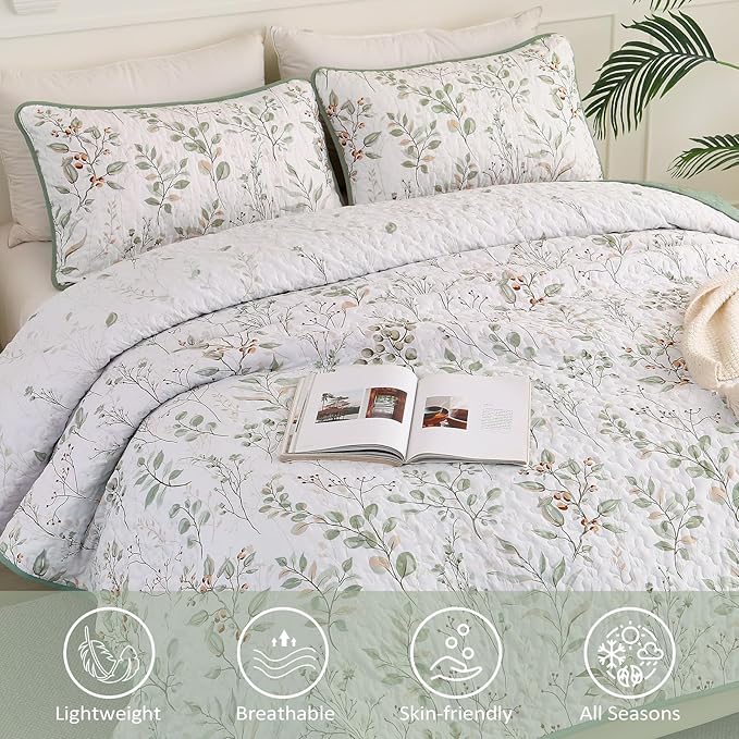 Anibedding Botanical Quilt Set Queen Size Sage Green Print Bedspreads | Green - Image 6