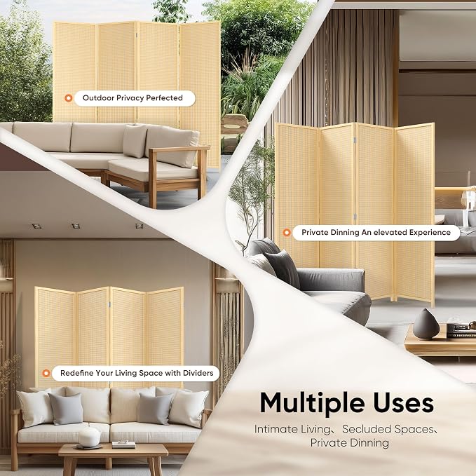 Room Divider 4 Panel Folding Privacy Screen, Woven Bamboo, Wooden | 6 ft. Tall - Image 7