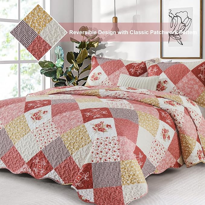 Dinjoy Boho Quilt Set King Size, Patchwork Floral Bedspreads, Romantic Red | - Image 2