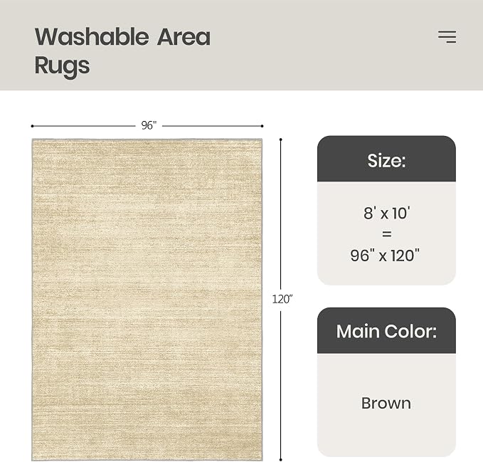 8x10 Area Rugs for Living Room, Large Washable Rug Non Slip, Tan | Soft Low Pile - Image 2