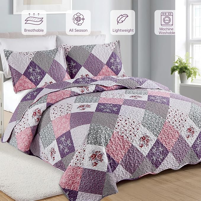 Dinjoy Purple Quilt Set King Size, Reversible Boho Patchwork Bedspreads | Soft - Image 2