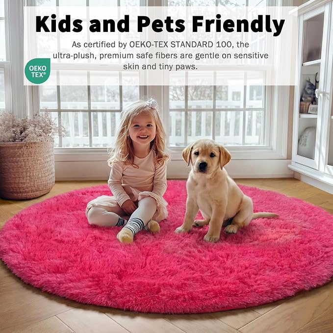 Hot Pink Round Area Rugs 4ft for Bedroom Living Room, Fluffy Circle Rug for - Image 4