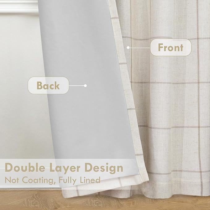DriftAway 100% Blackout Plaid Linen Curtains 108 Inches Long 2 Panels Taupe | - Image 3