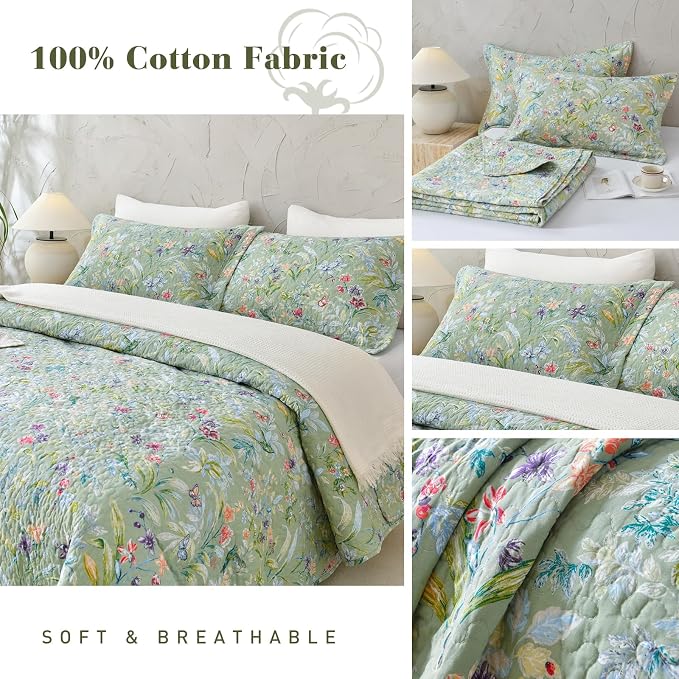QSH 3Pcs Green Floral Quilt Oversized Queen Size -100% Cotton Quilt Oversized - Image 6