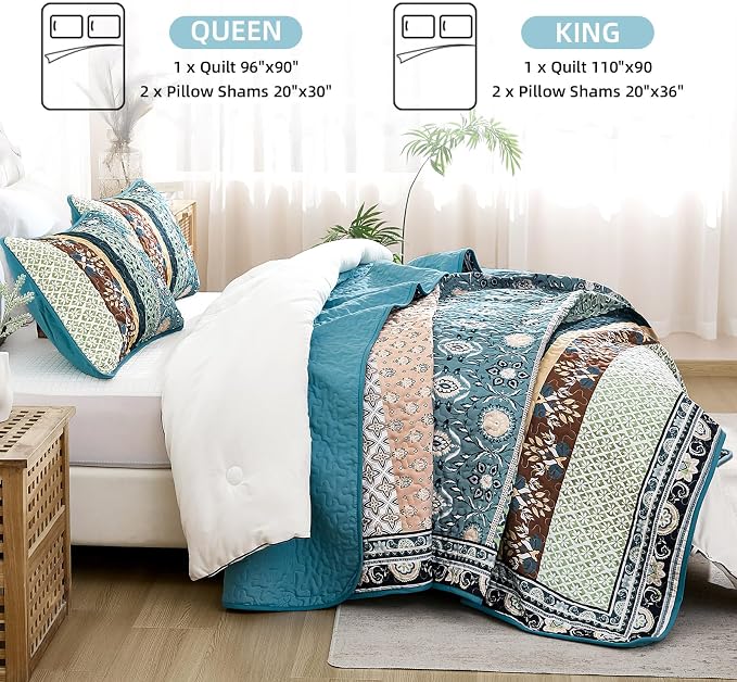Yiran Blue Boho Quilt Set Queen Size, Summer Patchwork Bedspreads | Bohemia - Image 5