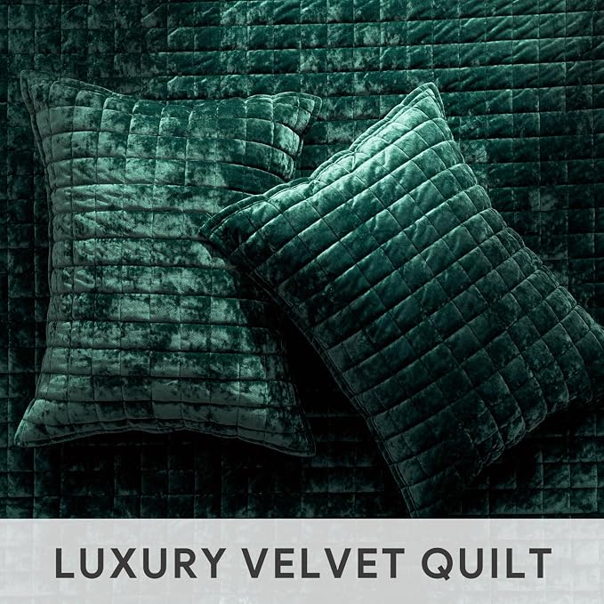 RECYCO Channel Box Stitch Velvet Quilt Set, Full Queen Size, Emerald Green | - Image 5