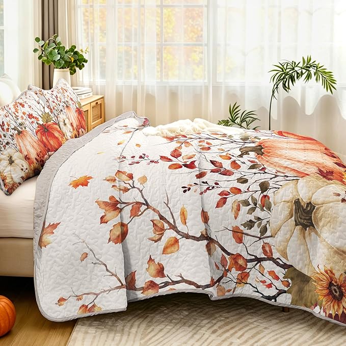 WONGS BEDDING Fall Harvest Pumpkin Quilts Queen Size, Thanksgiving Bedspread | - Image 5