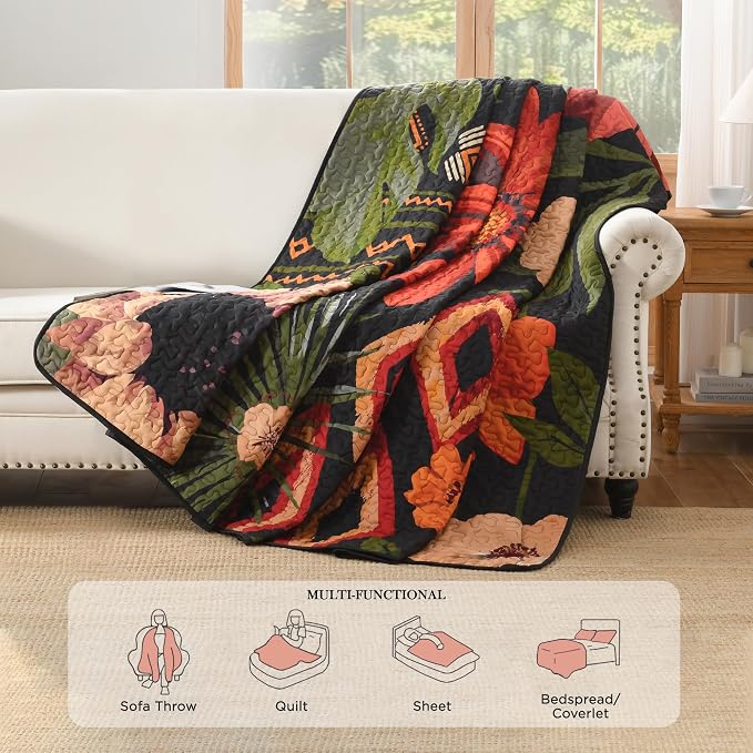 California King Quilt, Cal King Oversized Black Floral Bedspread | 3 Pieces Red - Image 4