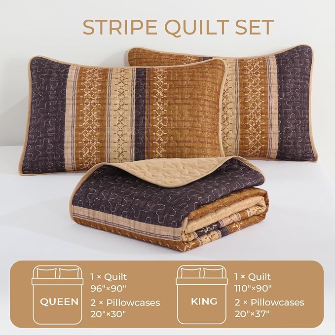 Cottolester Fall Quilt Set King, Burnt Orange Striped Patchwork Bedspread | - Image 5