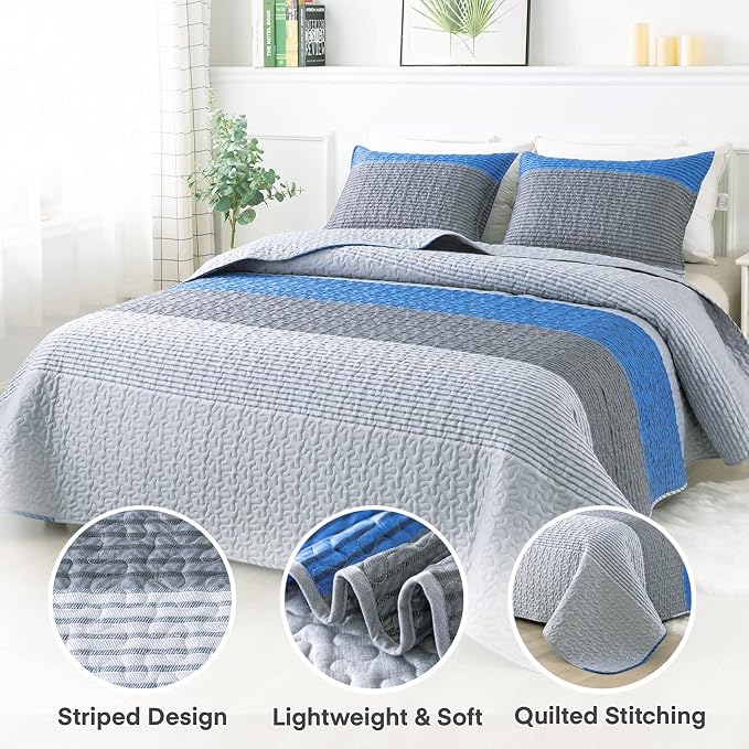 California King Quilt Set Gray Blue, 3 Pieces Bedspreads | Ultra Soft - Image 2