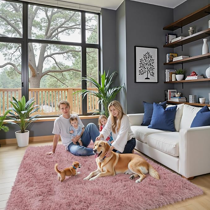 5x8 Blush Shag Area Rug for Living Room, Fluffy Plush Carpet | Non-Slip Large - Image 2