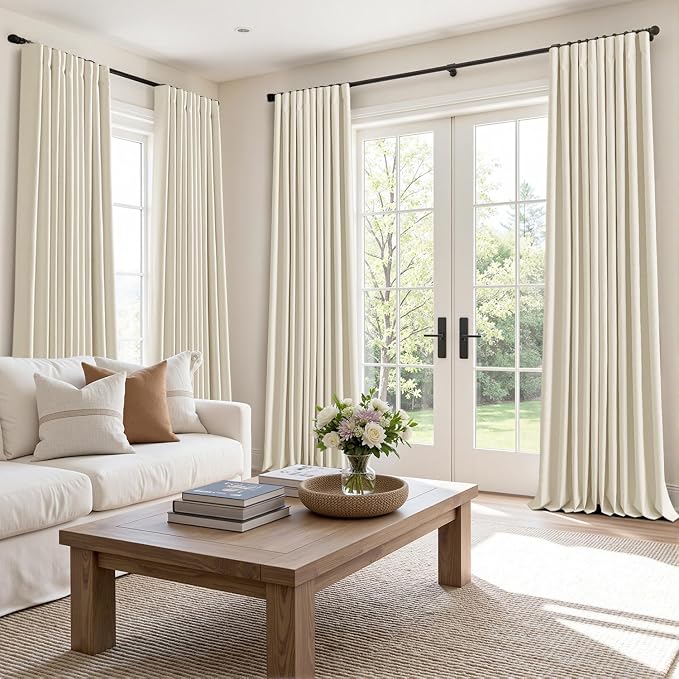 MIULEE 100% Blackout Back Tab Pleat Linen Curtains 50" Wx108 L, Light Cream | 2 - Image 2