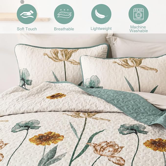 WONGS BEDDING Floral Quilt Set King Size, Aqua Botanical Coverlet | Farmhouse - Image 4