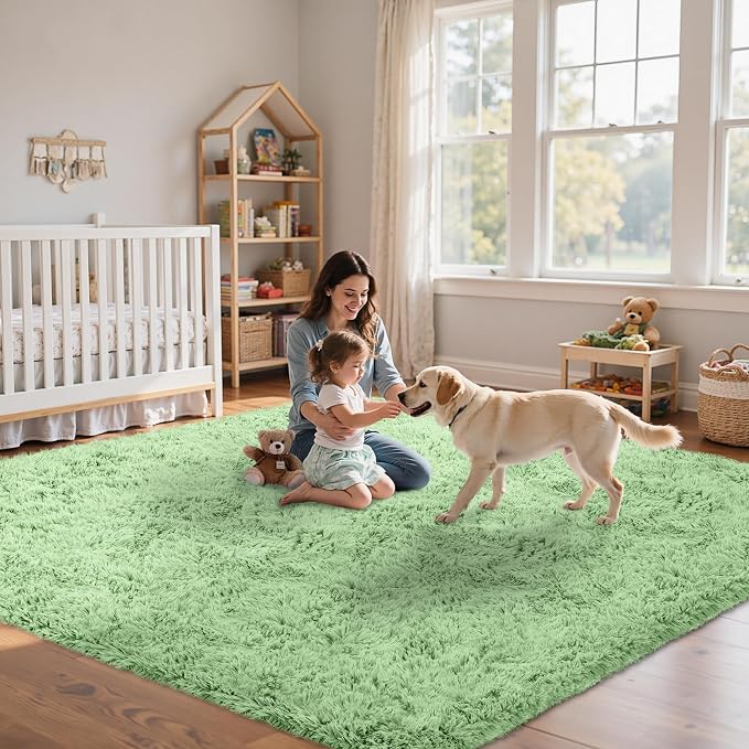 8x10 Area Rug for Living Room, Light Green Fluffy Shag Non-Slip Bedroom Rugs | - Image 7
