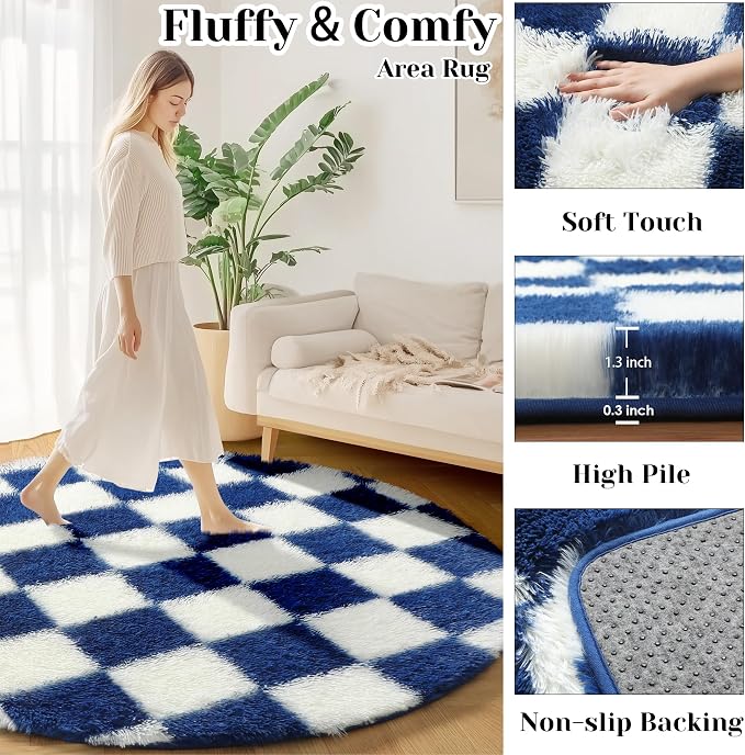 KICMOR Round Rugs 5ft Blue and Cream White Circle Area Rug, Fluffy Soft Fuzzy - Image 2