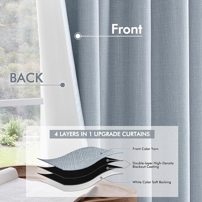 MIULEE 100% Blackout Back Tab Pleat Linen Curtains 50"Wx108"L, Chambray Blue | - Image 5