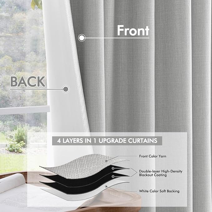 MIULEE 100% Blackout Back Tab Pleat Linen Curtains 50" Wx96 L, Thick Faux Linen - Image 5