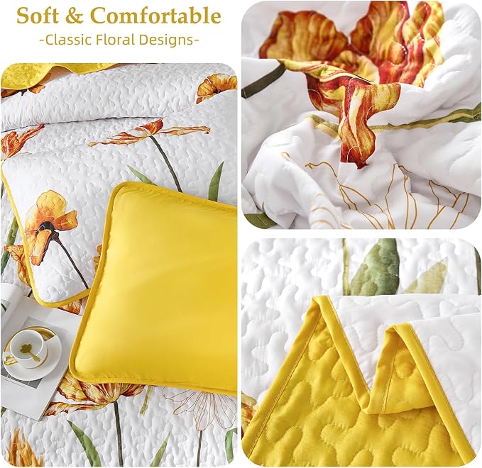 WONGS BEDDING Yellow Quilt Set Queen Size, Colorful Floral Quilt Set - Image 6