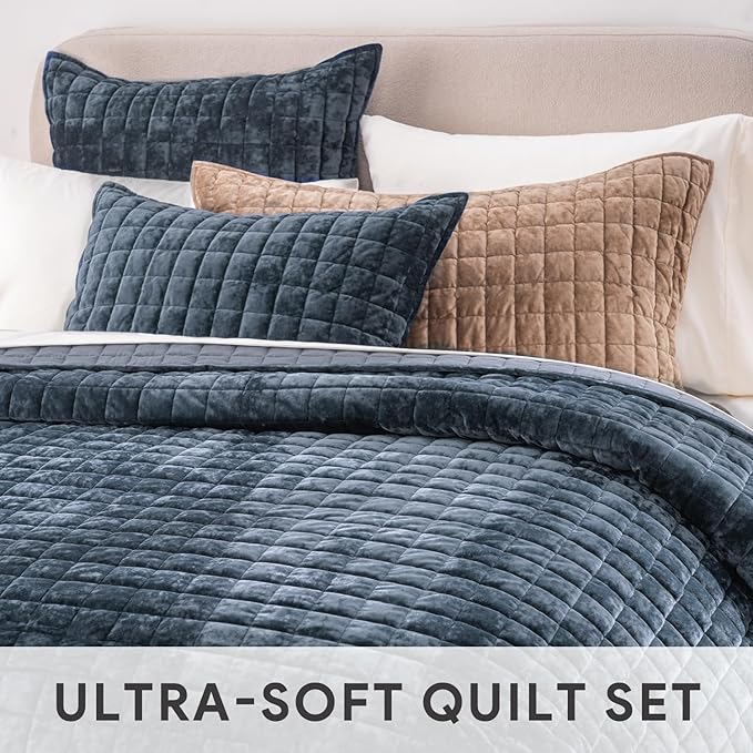 RECYCO Channel Box Stitch Velvet Quilt Set, King Size, Stormy Blue | Ultra Soft - Image 4