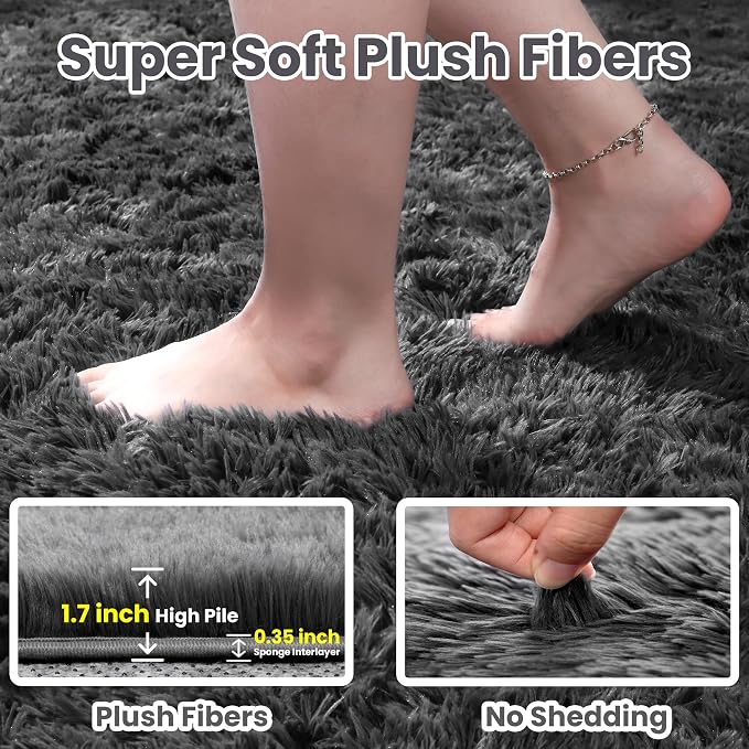 9x12 Fluffy Shag Area Rugs for Living Room Bedroom: Soft Plush Carpet Grey | - Image 5