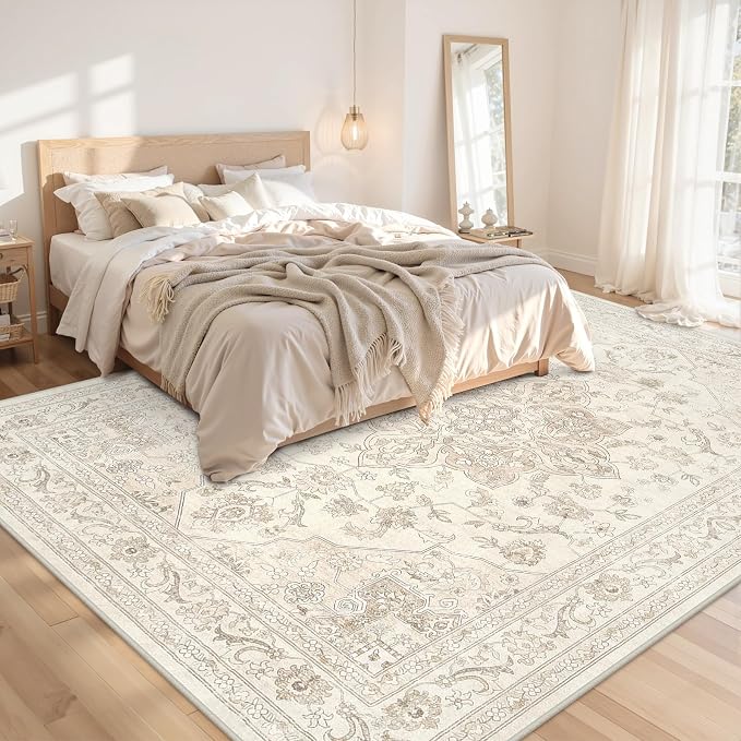 Area Rugs 9x12 Living Room: Bedroom Washable Carpet Beige White | Vintage Boho - Image 2