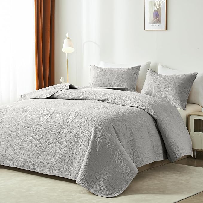 akkialla 118"x106" Light Grey California King Quilt Set, Oversized Floor-Length - Image 2